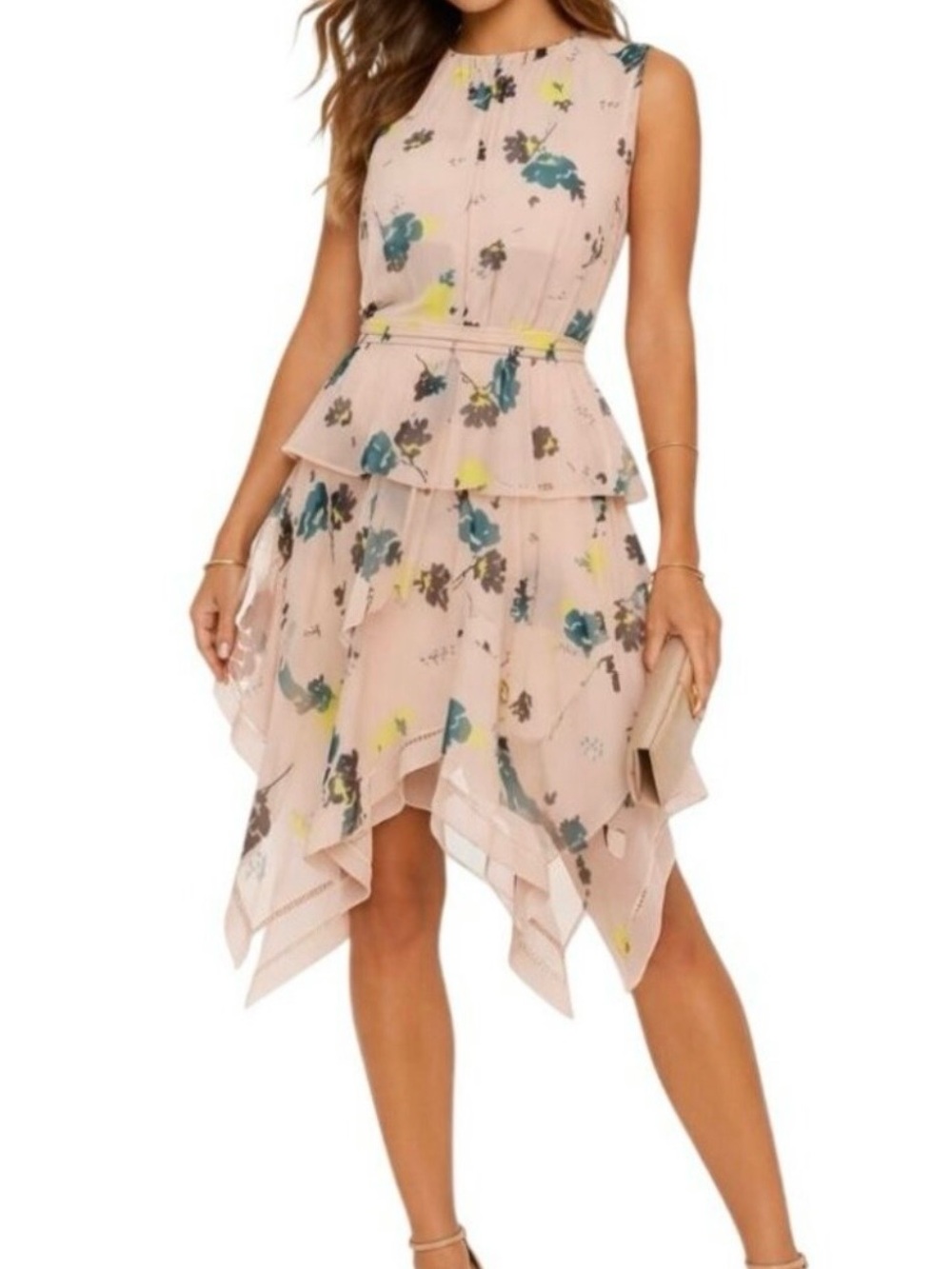 Self-Portrait Pink Floral High-Low Handkerchief Hem Dress